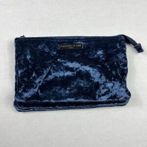 Isabella Scott Blue Velvet Clutch Cosmetic Bag 3 Zip Pockets Make-up Pouch FLAW